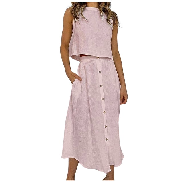 Mikilon Robes d'Été pour Femmes Ensemble Jupe Aguichant Printemps et Été Taille Haute Couleur Unie Col Rond Gilet Chemise Mi-Longue Robe Boutonnée Ensemble Deux Pièces Rose TP