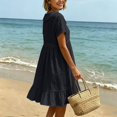 thumbnail image 5 of Ayolanni Dresses for Women 2026 Solid V Neck Short Sleeve A-Line Midi Dress Beach Travel Cotton Linen Flowy Dress Black L, 5 of 8