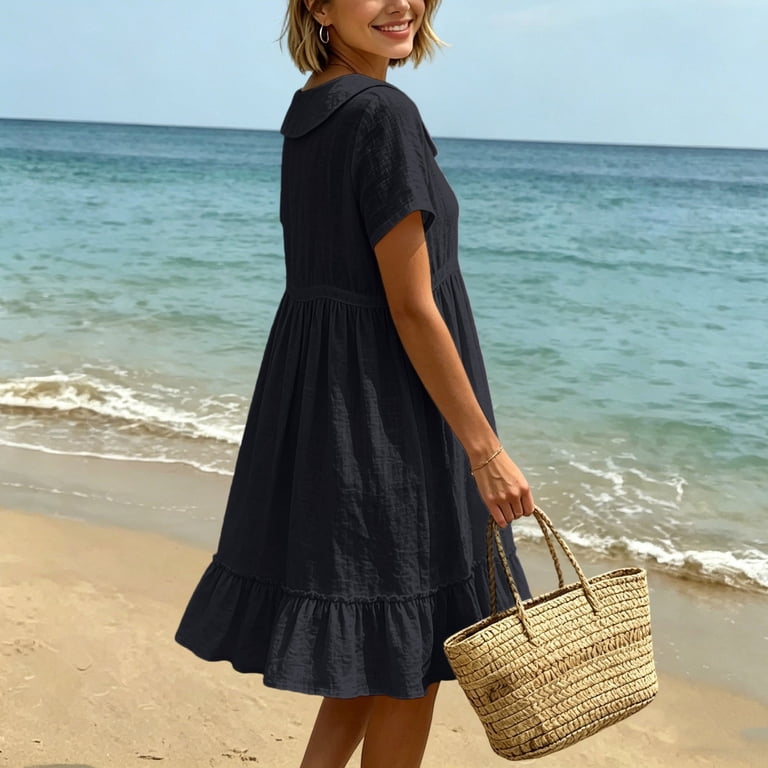 cute short loose dresses LEKWK Linen Midi Dress for Teens Sleeve Babydoll T Shirt Ruffle Hem A Line Flowy Sundress Summer Casual Going Out Clothes swatch:umber COLOR:Dark Olive Bohemian Lace Mermaid Wedding Womens dresses Loose One Size(Fit S/M/L)