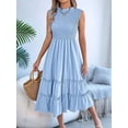 thumbnail image 6 of Women'S Ruffle Trim Flutter Sleeve Midi Dress Pleated Crew Neck Tiered Smocked Flowy Dresses Light Blue M, 6 of 9