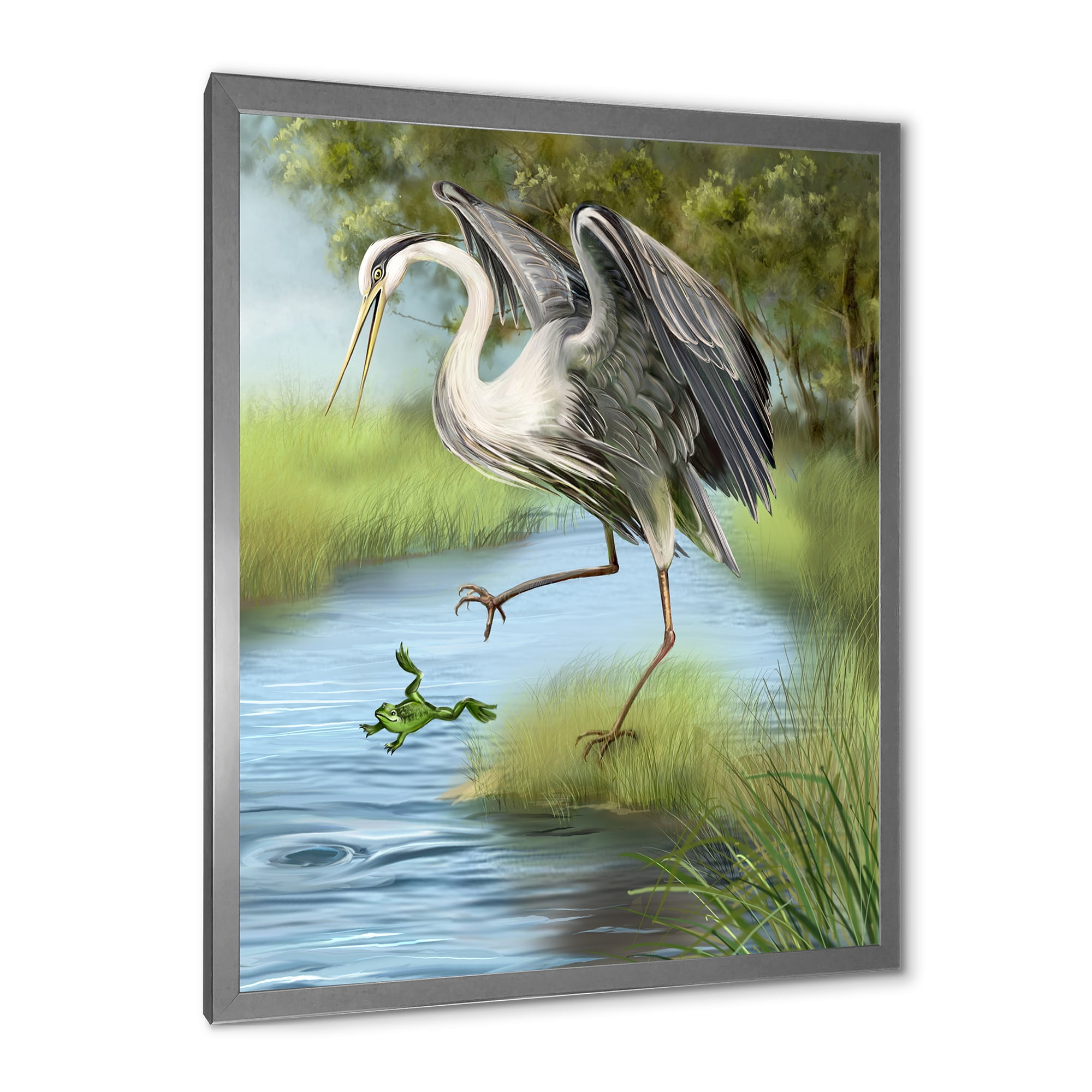 Designart 'Crane Hunting A Frog' Farmhouse Framed Art Print