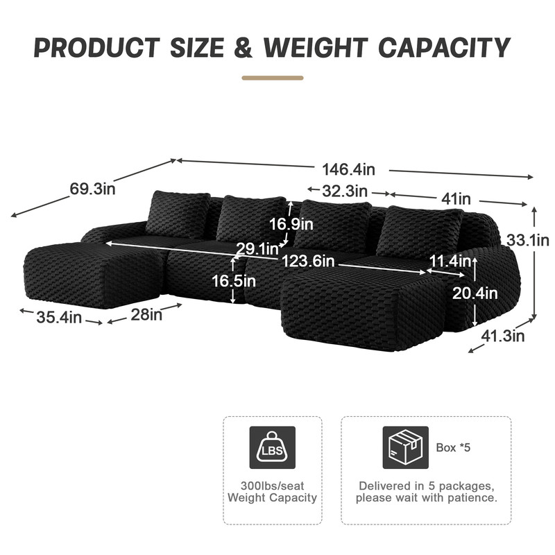 146" Modern U-Shaped Modular Sectional Sofa for Living Room,Flannelette Fabric,Oversized 4-Seater Couch,boneless sofa ,Movable Ottoman,Buckle connection,Anti-slip Design,No Assembly,Black