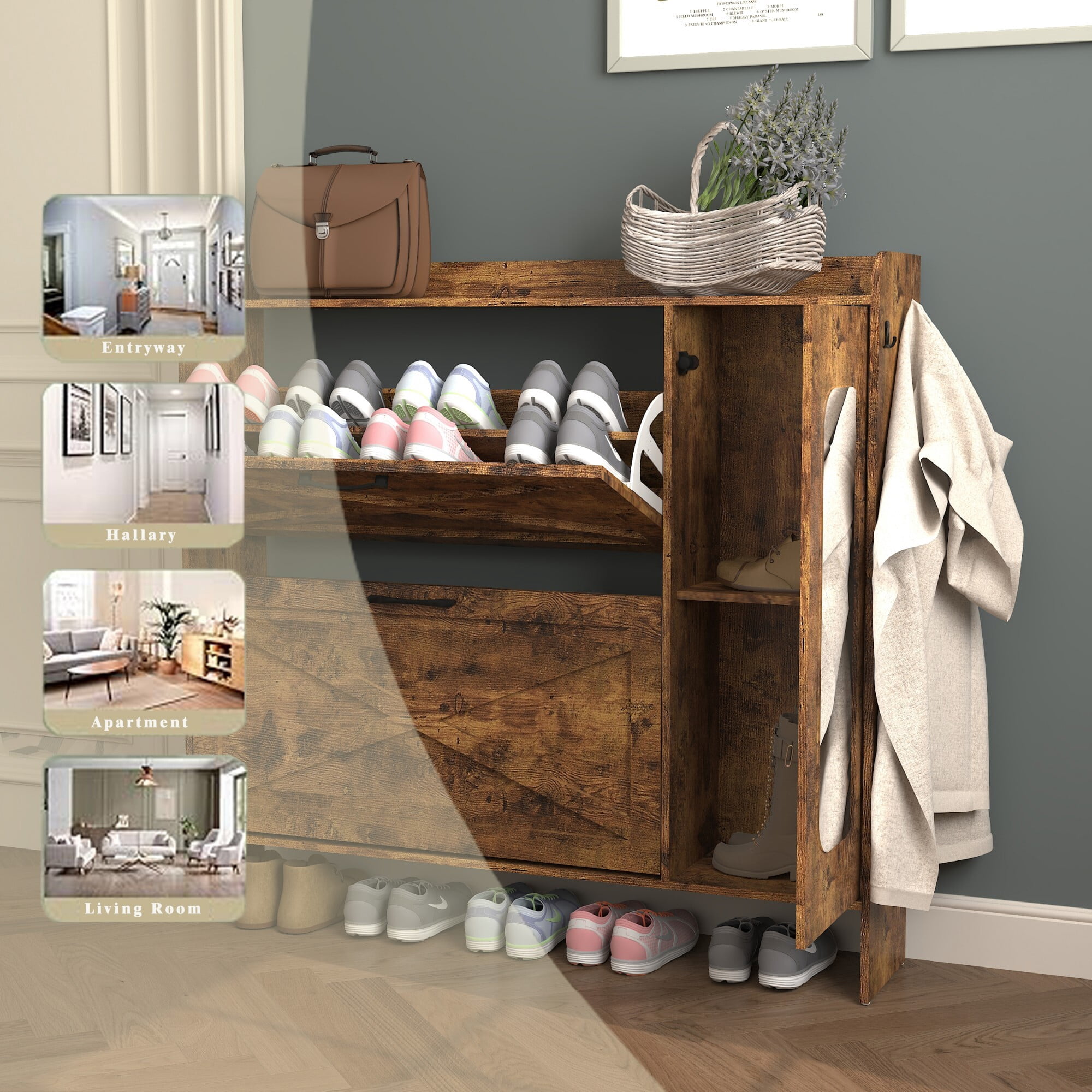 AENKYO Twin Size Bed Frame with 4 Storage Drawers, LED Lights, Charging Station Headboard, Rustic Brown