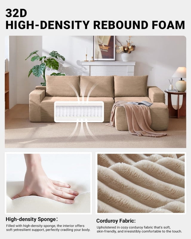 96.9'' Sectional Couches for Living Room, L Shaped Couch with Deep Seat & Throw Pillow, Comfy Corduroy Fabric Compressed Sofa, No Assembly Required