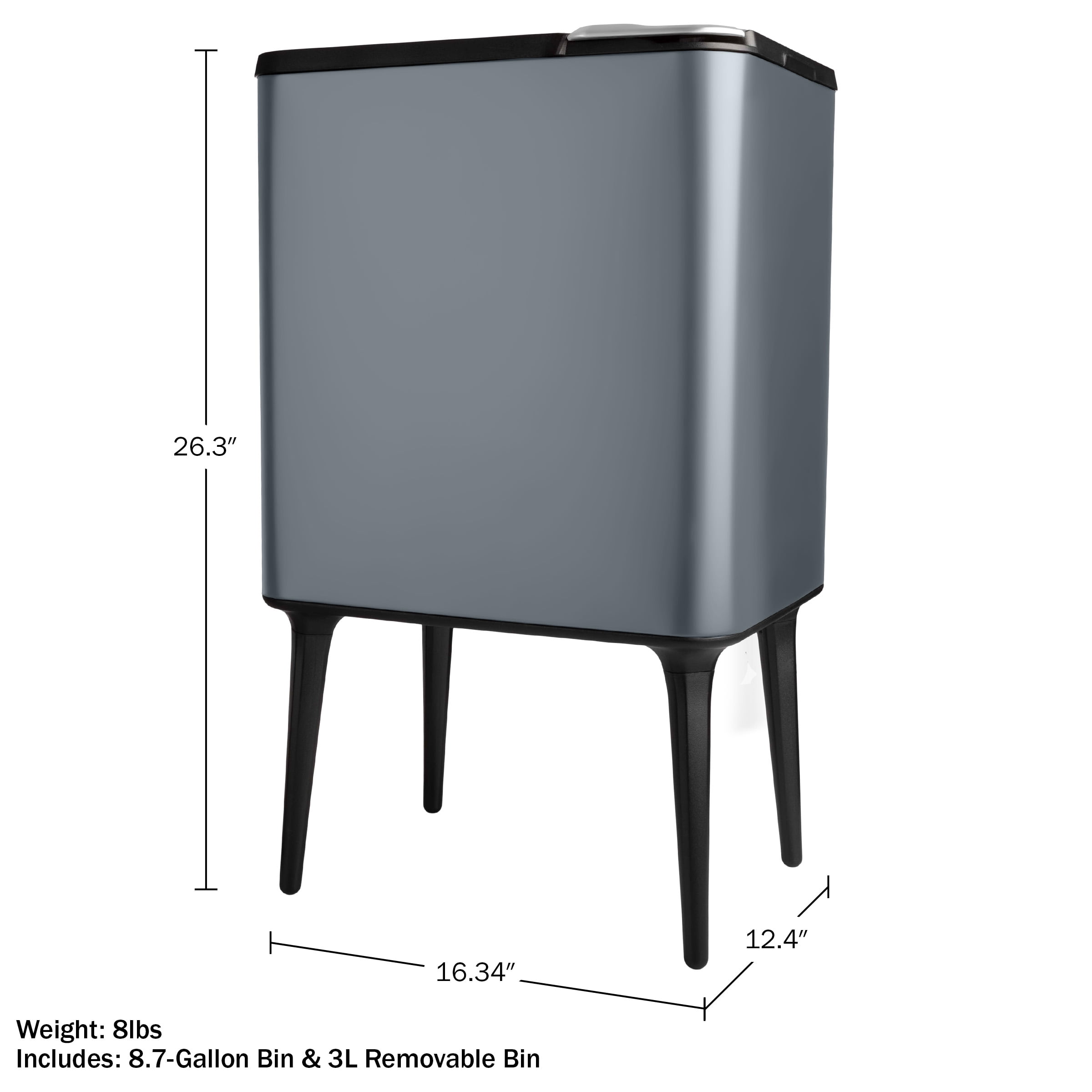Home-Complete 8.7-Gallon Polypropylene Trash Can with 3L Recycling/Compost Bin (Gray)