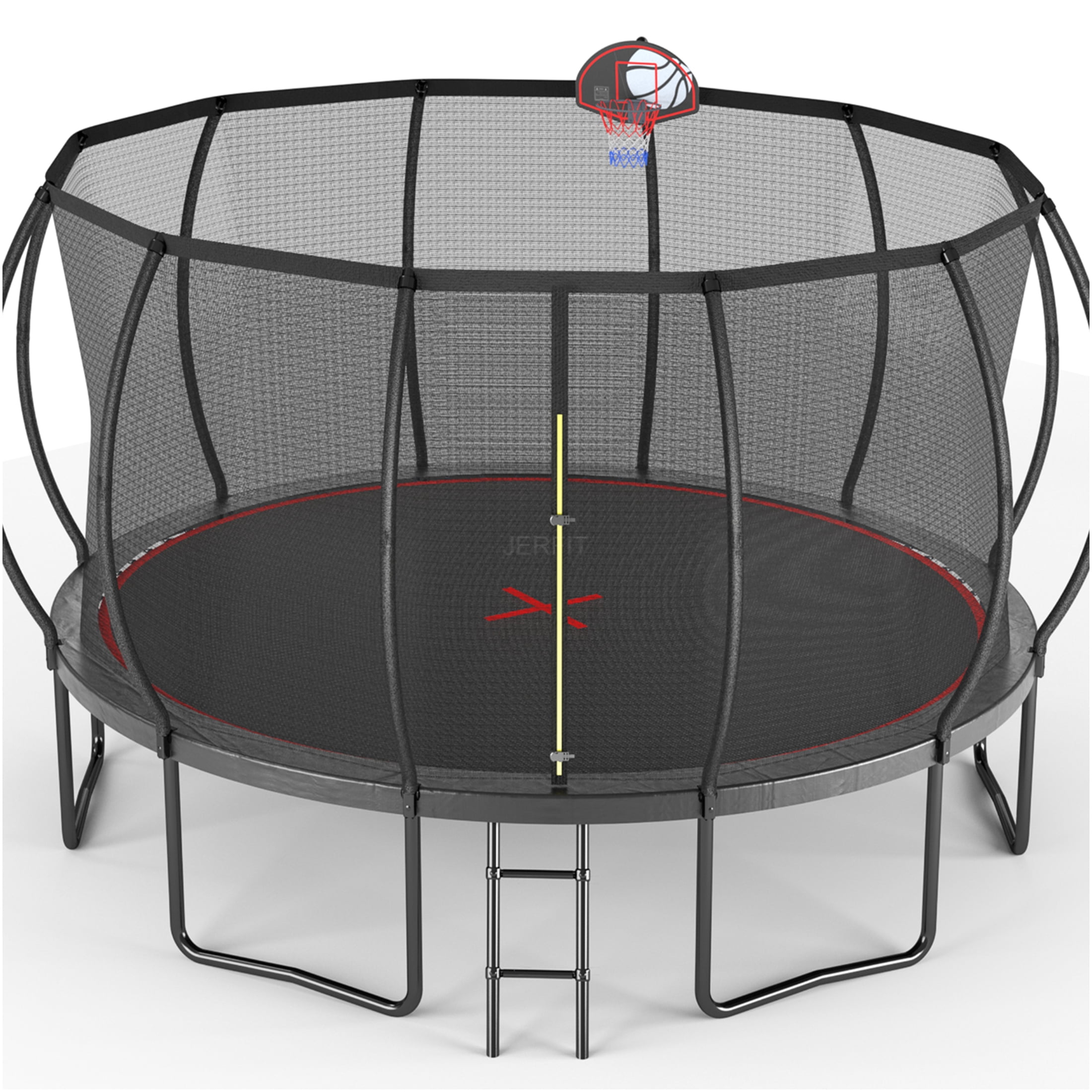 JERFIT 14FT Trampoline with Safety Enclosure Net, Basketball Hoop & Ladder, Outdoor Jumping Mat for Kids, Black and Red Steel Frame