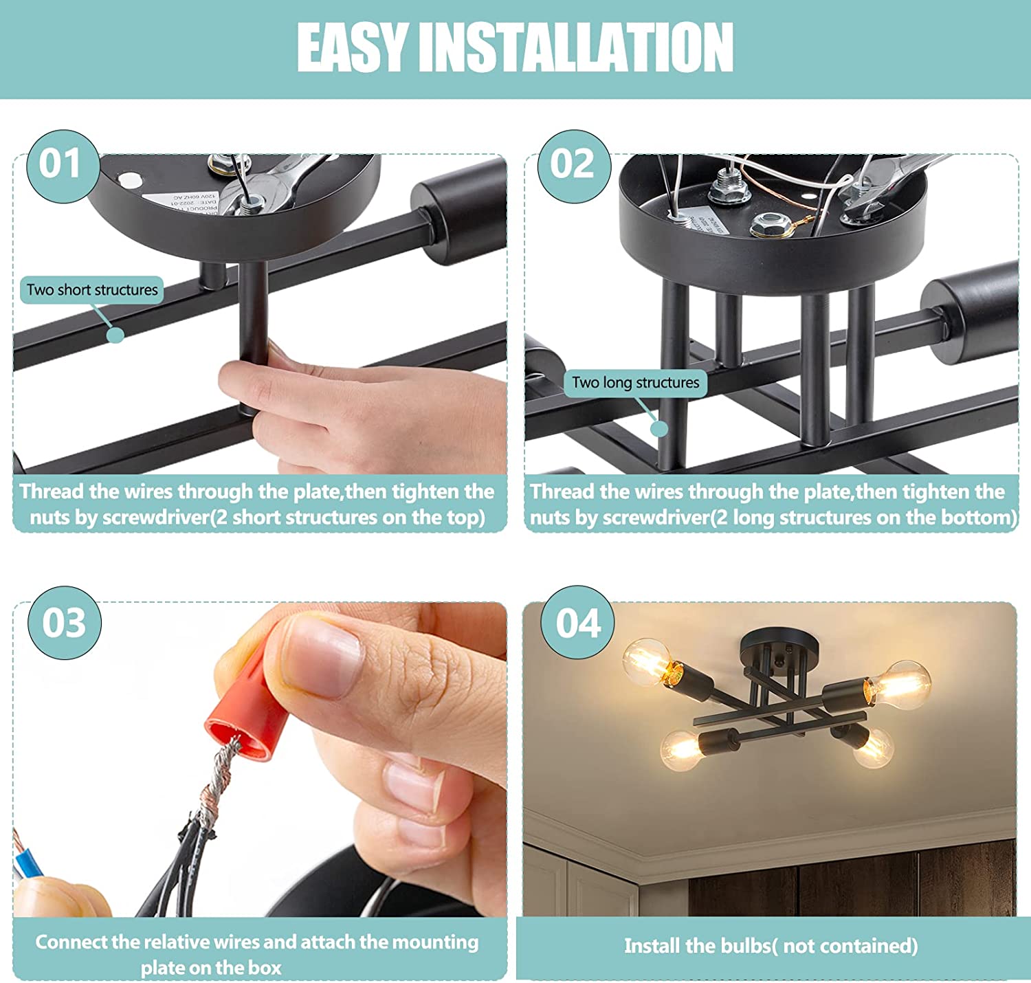 Pynsseu 4-Light Semi Flush Mount Ceiling Fixture, Black photo 7