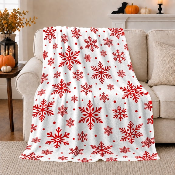 Red Snowflake Winter Cheer Living Room Festive, Festive Holiday Scene, Warm Flannel Blanket for Living Room and Family Room, Art Lovers Christmas Gift, Festive Home Decor