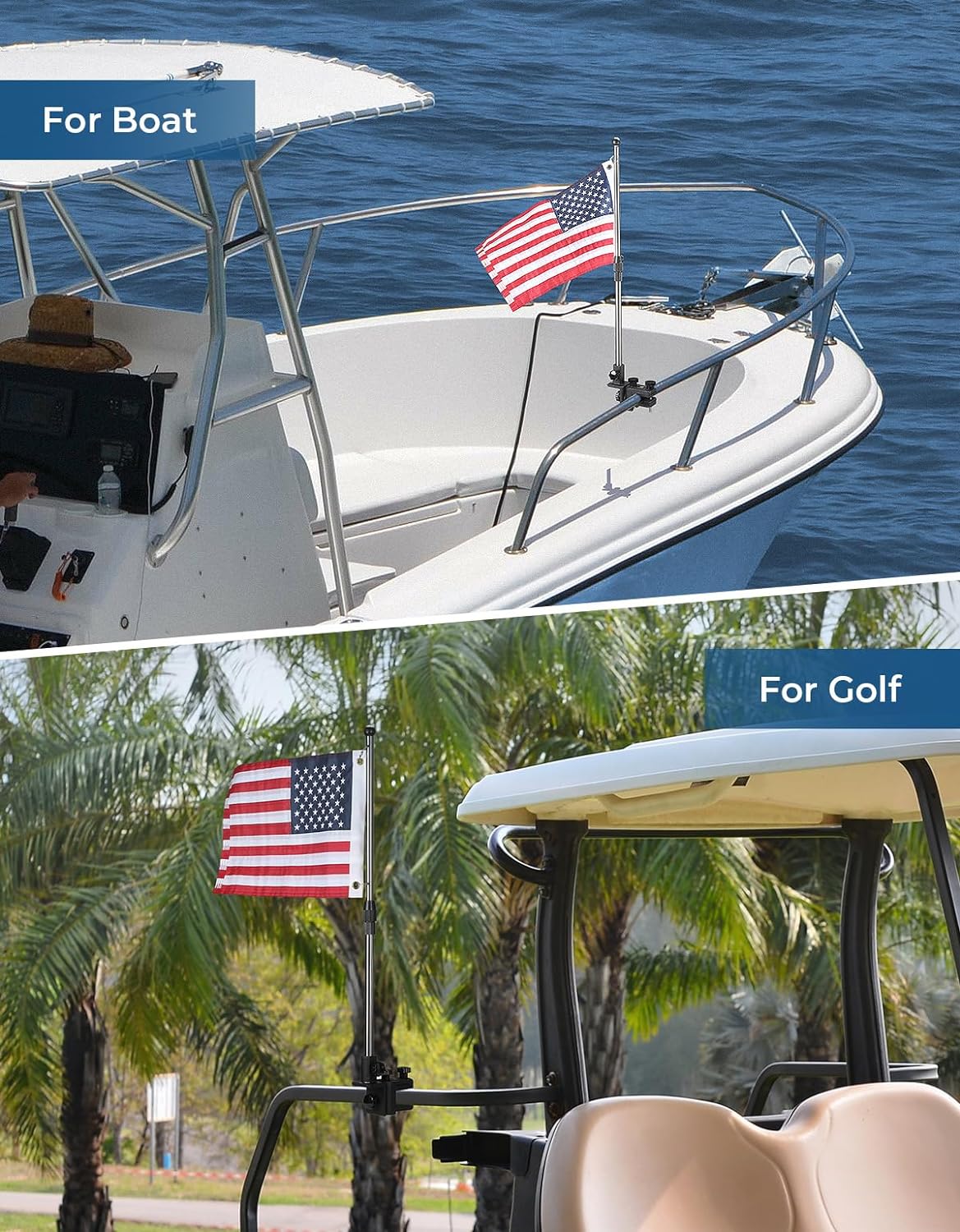 KEMIMOTO Boat American Flag Pole Kit, 360° Adjustable 12''x18'' Pontoon Boat Flag, US Flag Holder for 0.8''-1.35'' Round/Square Rails, 2.5ft Golf Cart Flag Pole for Boat & Golf Cart