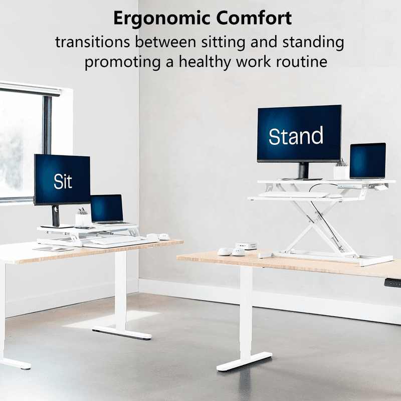 32" Standing Desk Converter with Removeable Keyboard Tray, Height Adjustable Stand Up Desk Riser, Sit to Stand Desk Risers for Dual Monitor and Laptop, 44LBS Weight Capacity, White