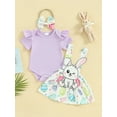 thumbnail image 2 of Bagilaanoe 3Pcs Newborn Easter Outfits Baby Girls Overalls Dress Set Short Sleeve Romper Tops + Embroidery Suspender Skirt + Headband 3M 6M 9M 12M 18M Infant Spring Casual Clothes, 2 of 9