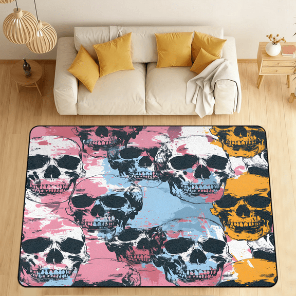 CURLYOOT Skull Pattern Area Rugs for Living Room Bedroom, 4' 10" x 6' 8" Washable Rug, Floor Carpet with Non Slip Backing for Dining Room Indoor