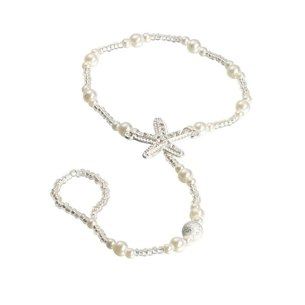 Minnieouse Anklets Sea Star Pearl Crystal Foot Ring Hanging Chains Mittens Girls Wedding with Decor Pendent Bracelets Finger Toe Type3 NO3 Minnieouse AP010694-00