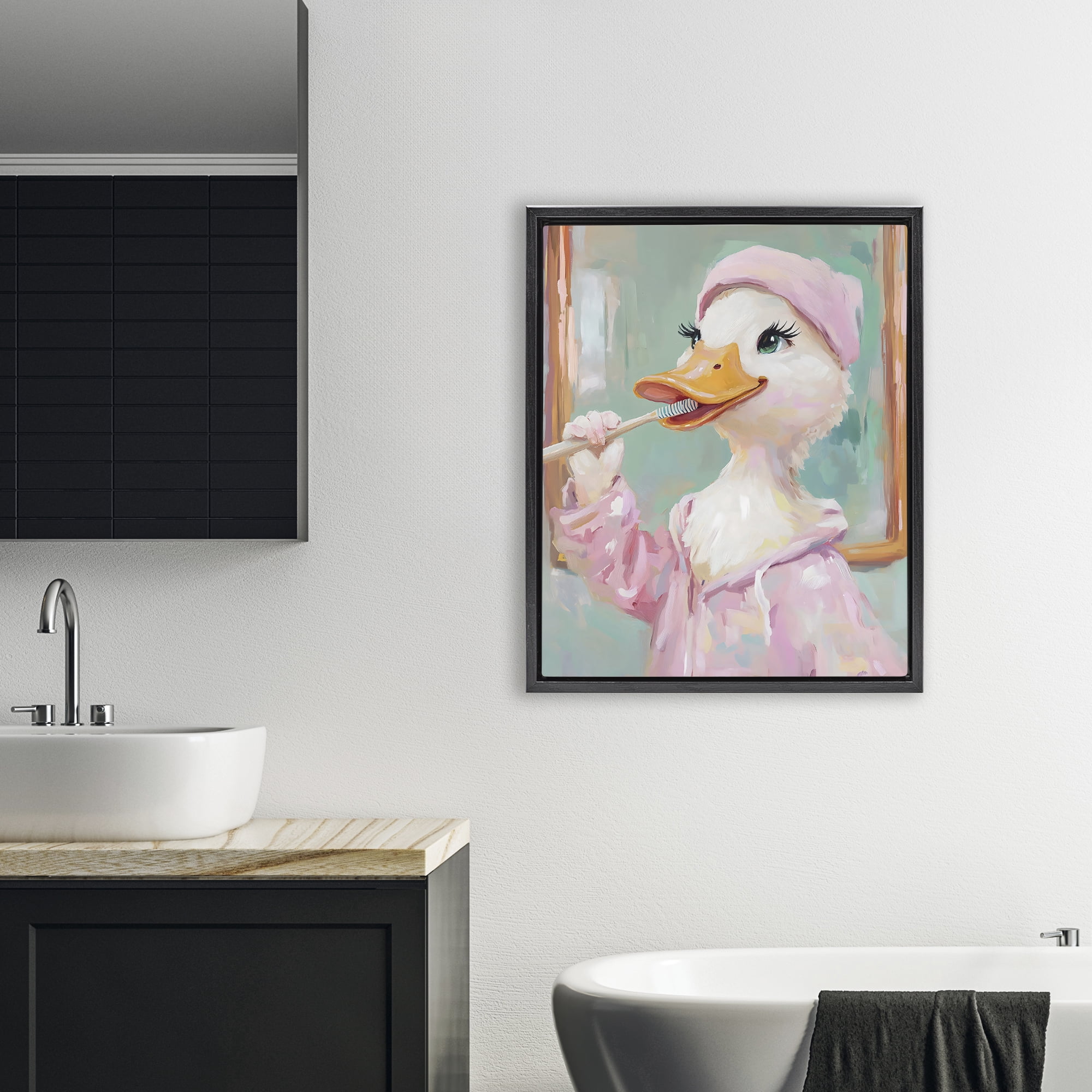 Stupell Industries Duck Brushing Teeth Black Framed Floater Canvas Wall Art, design by The Prints Vibe
