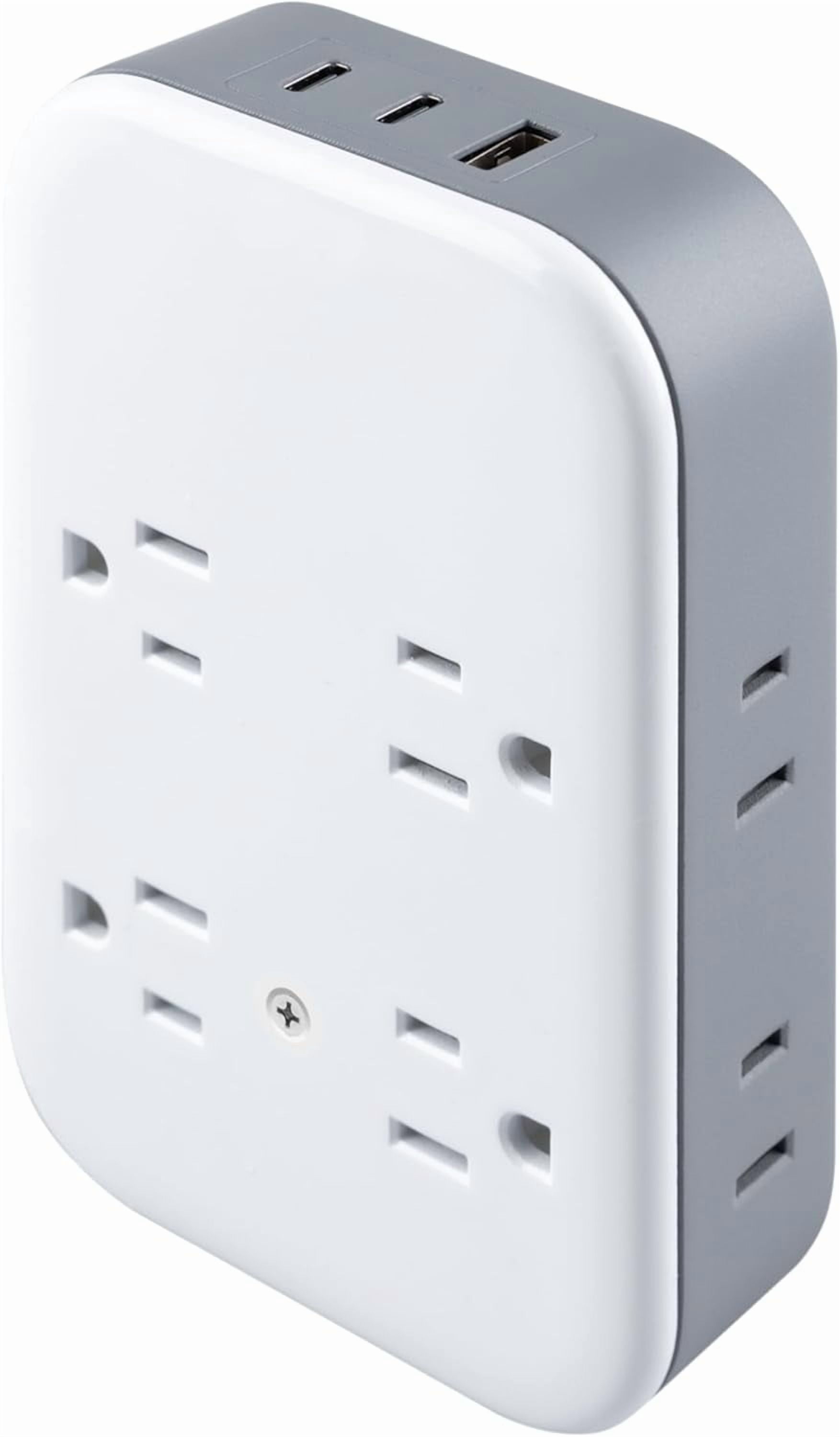 JJEAN-All-in-One Surge Protector Wall Tap, 8 Outlets (4 Grounded + 4 Polarized), 2 USB-C & 1 USB-A, 15W Shared, 1140J, Circuit Breaker, ETL Certified, White/Gray, 85633
