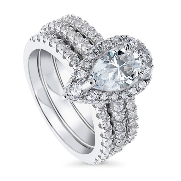BERRICLE Sterling Silver Halo Wedding Engagement Rings Pear Cut Cubic Zirconia CZ Ring Set for Women, Rhodium Plated Size 7