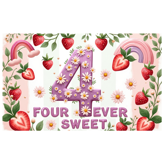 Floral Design Birthday Banner Strawberry Theme Number Banner Background for Kids Party Event Decor Celebration