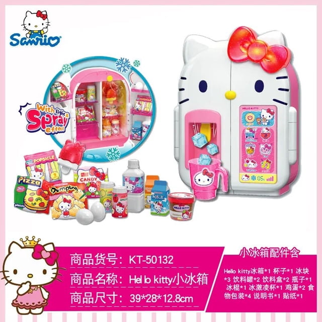 sanrio-juguete de hello kitty kawaii chica de anime, mini juguete temático de cocina — refrigerador infantil frontal en forma de Hello Kitty blanco con lazo rosa; puerta abatible rosa revela estantes y accesorios de plástico (latas, cajas, botellas y vaso) en tonos rosa y azul; apto como escena de cocina para juegos de imaginación y regalo de cumpleaños para niñas.