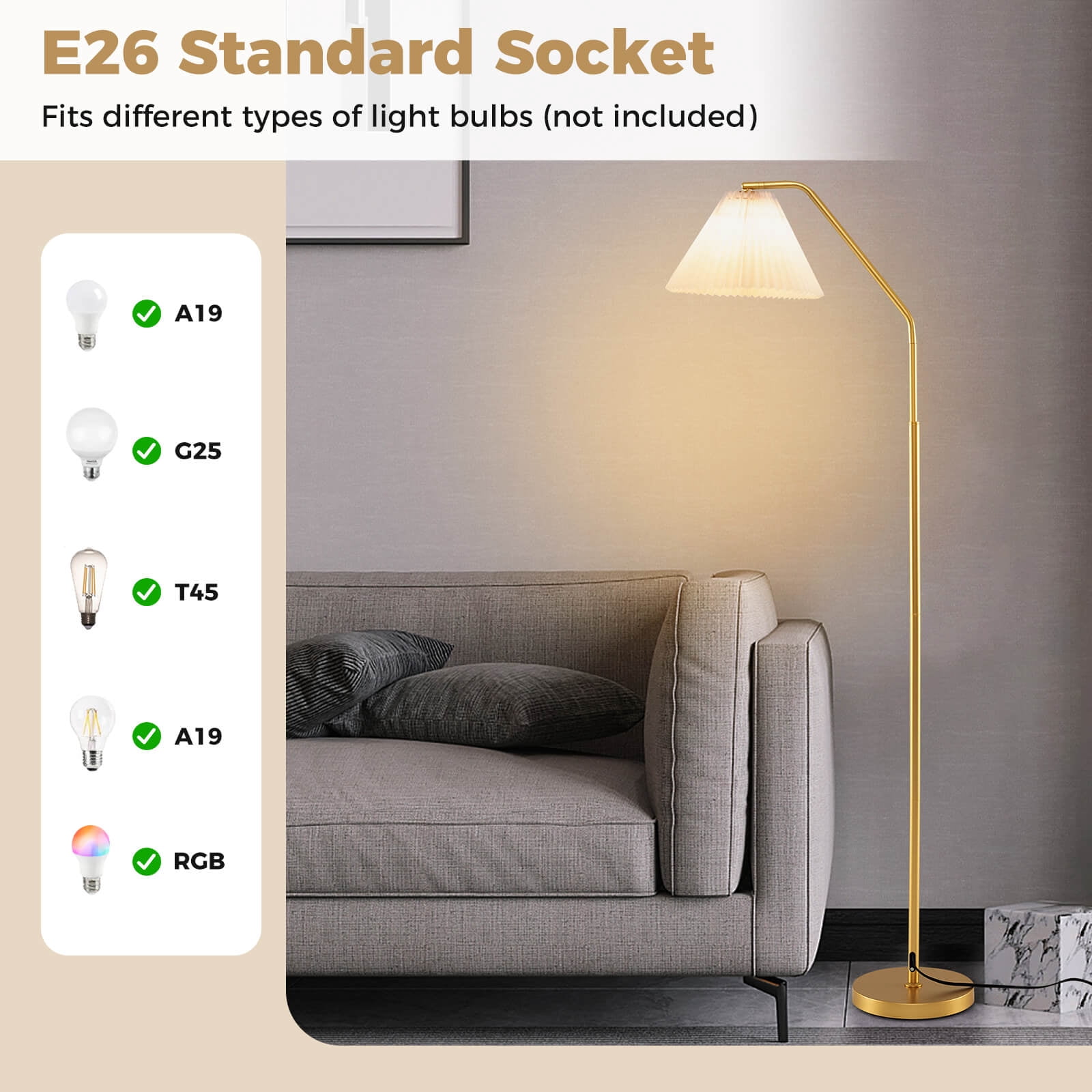 Costway 66” Arc Floor Lamp with Adjustable Lamp Head, Pleated Lampshade & Foot Switch