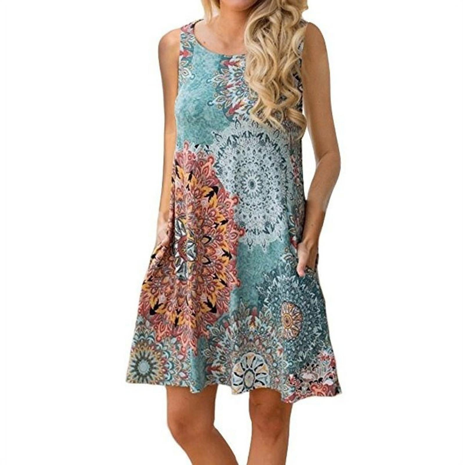 Women Fashion Sleeveless O-neck Print Casual Loose Mini Dress Summer ...