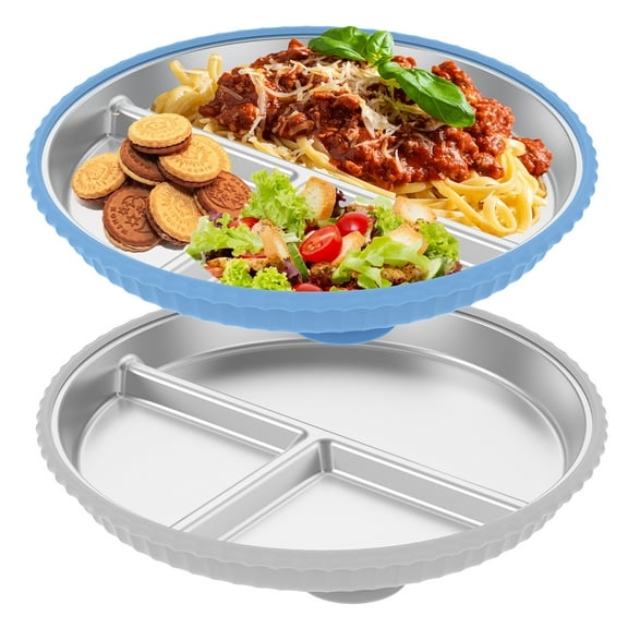 Grusce 2PCS Stainless Steel Toddler Plate with Suction Divided Baby Suction Plate with Nonslip Silicone Sleeve for Toddlers and Kids