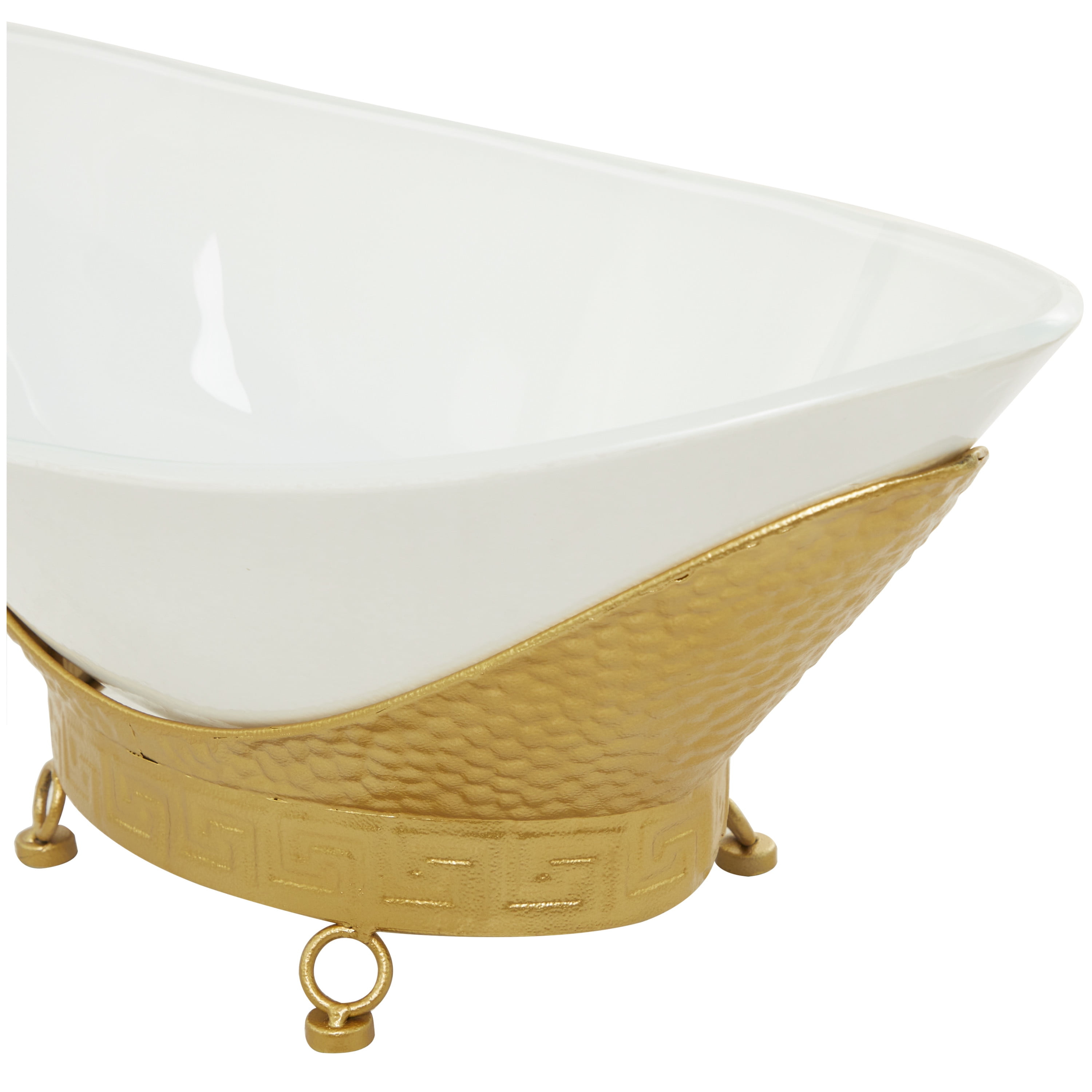 CosmoLiving by Cosmopolitan 23" x 11" White Glass Hammered Kitchen Serving Bowl with Gold Metal Stand and Ring Feet, 1-Piece