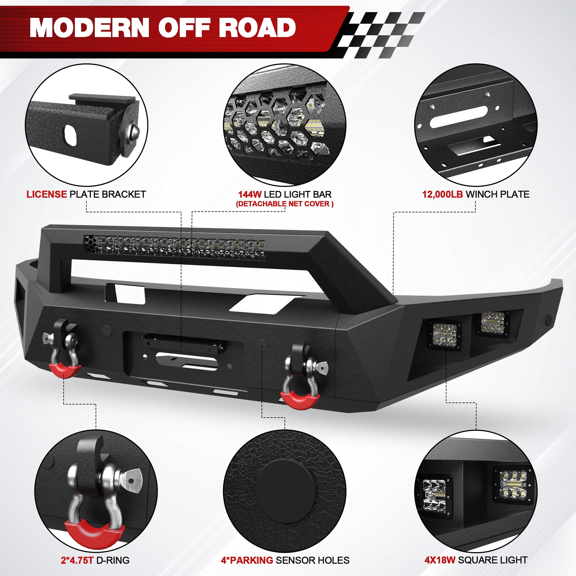 POFENZE Fits 2015-2016-2017-2018 Ram 1500 Rebel Bumper Combo Steel Front and Rear Bumper w/Winch Plate LED Lights