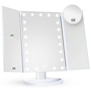 Kusmil Makeup Mirror, 1X/2X/3X/10X Magnifying Mirror with Lights, Trifold Makeup Mirror, Touch Control Design, Dual Power Supply for Tabletop, Bathroom, White