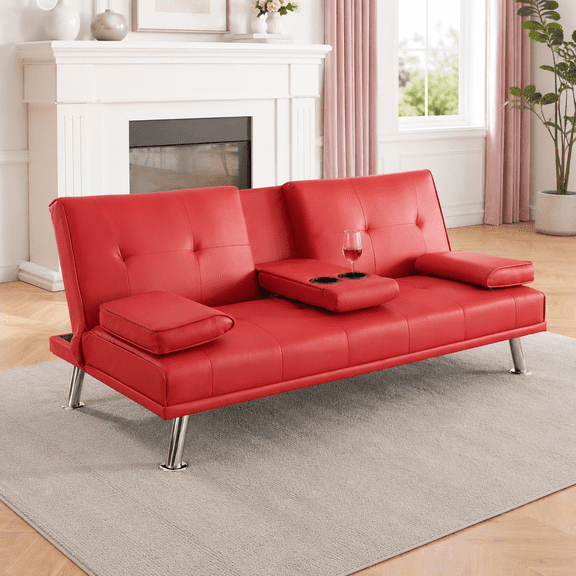 67" Convertible Futon Sofa Bed with Adjustable Backrest, Dual Cup Holders and 2 Pillows, Modern Sleeper Couch for Living Room and Apartment