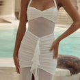 thumbnail image 4 of Women's Lace-Up Halter Chest Wrapped Sleeveless Ruffled Dress, Pleated, Backless, Gauze Spliced, Solid Color, Sexy, 4 of 20