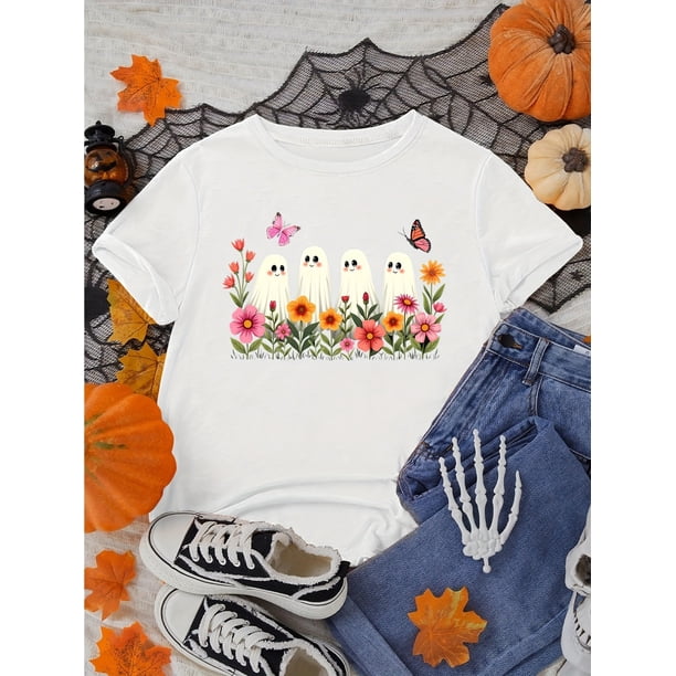 Halloween T-shirt - Halloween Women'S Floral Short Sleeve T-Shirt - Cute Little Ghosts in Flower Bush, Round Neck, Casual Style, Versatile for Casual Attire, Vacation, and Everyday Outfits