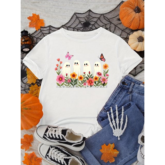 Halloween T-shirt - Halloween Women'S Floral Short Sleeve T-Shirt - Cute Little Ghosts in Flower Bush, Round Neck, Casual Style, Versatile for Casual Attire, Vacation, and Everyday Outfits