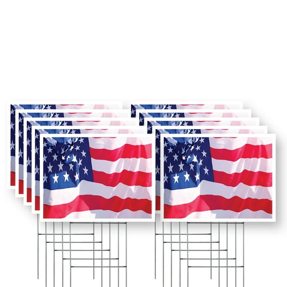 American Flag Yard Sign 10 Pack of 12 Inch x 16 Inch Single Sided Weatherproof Heavy-Duty Plastic with Stake | Patriotic Symbol, Durable and Fade-Resistant, Outdoor Use | Made in USA