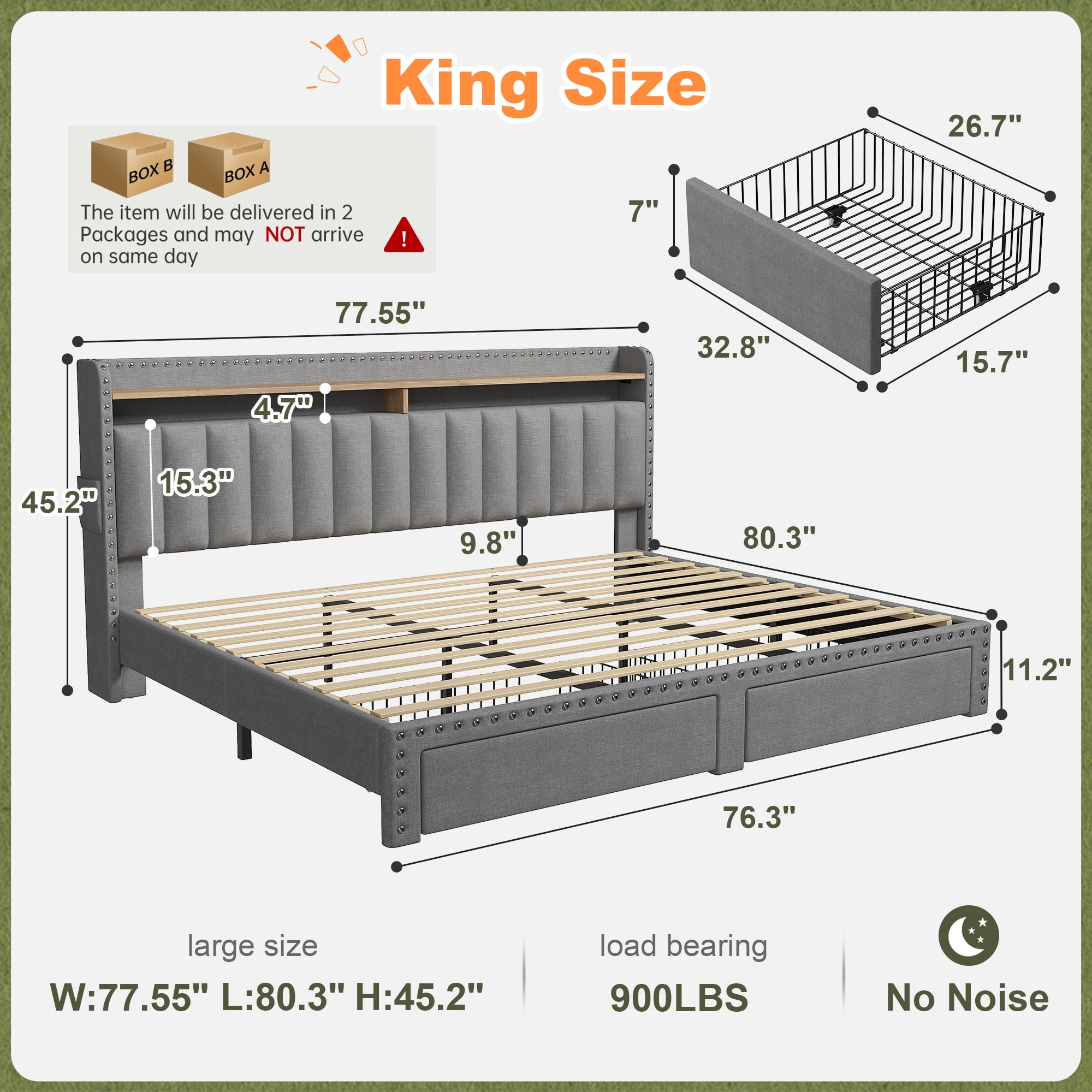 Romorgniz King Size Bed Frame with 2 Storage Drawers and 2-Tier Storage Shelf Upholstered Bed Frame with Headboard Platform Bed Frame Noise-Free No Box Spring Needed,Grey