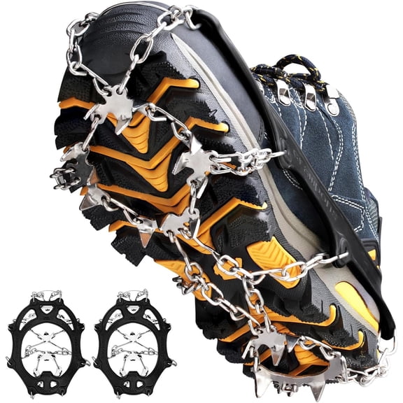 Crampons Ice Cleats Traction Snow Grips for Boots Shoes Women Men Anti Slip Steel Spikes Safe Protect for Hiking Fishing Walking Climbing Mountaineering (Black)