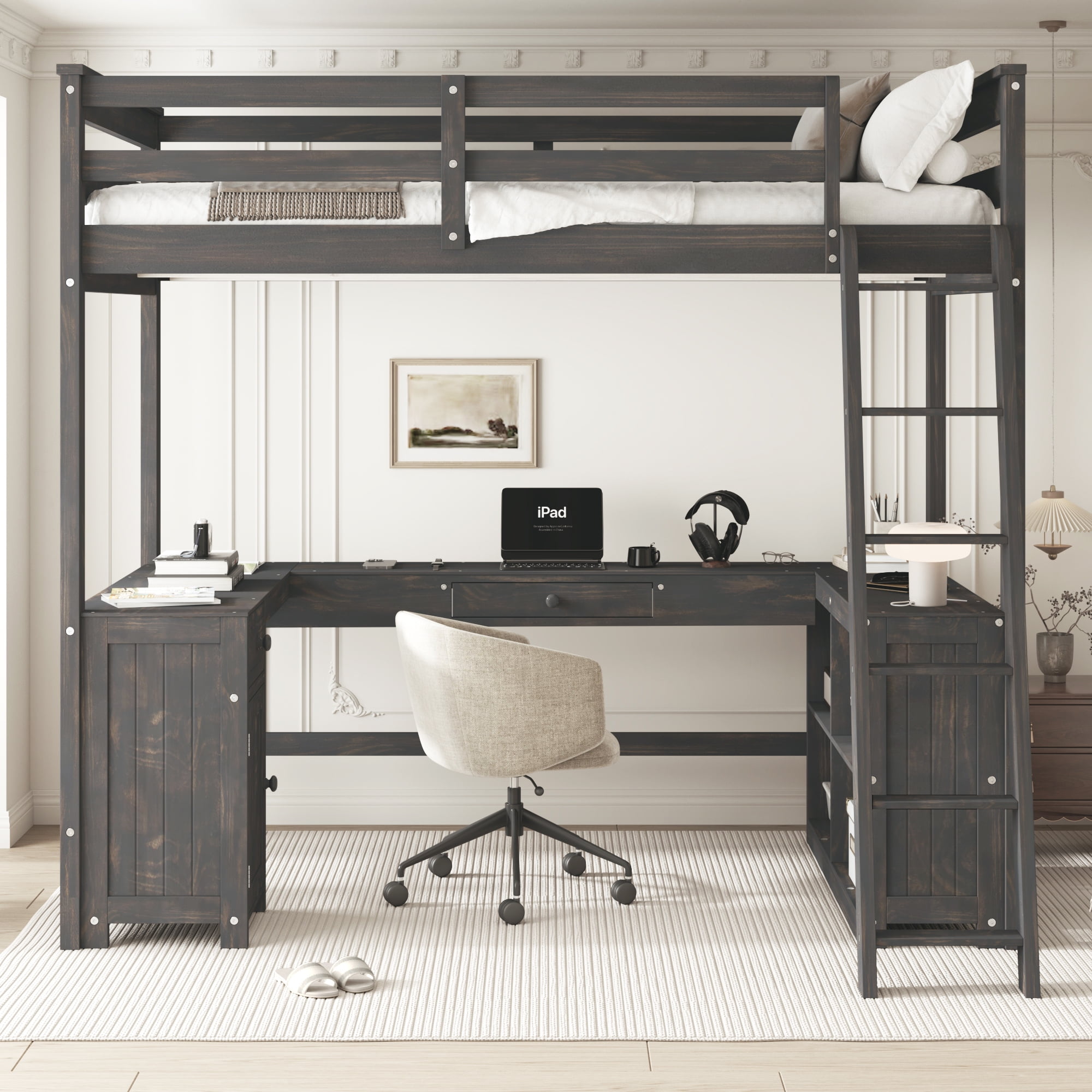 Euroco Wood Full Size Loft Bed with Desk and Shelves, Antique Brown