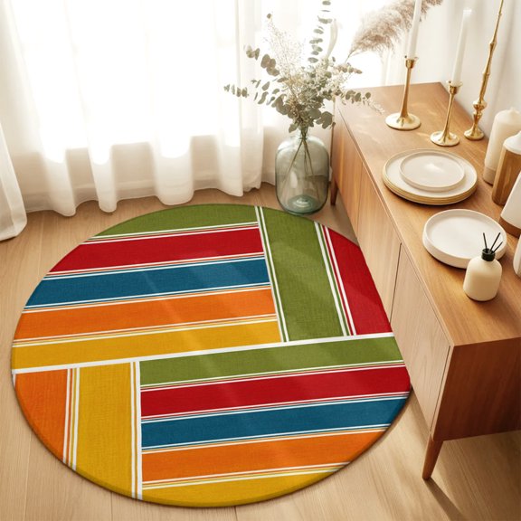 Round Rugs 4Ft, Bohemia Round Area Rug Washable Indoor Throw Carpet, Retro Minimalist Geometric Stripes Patchwork Rustic Soft Non Slip Circle Rug for Kitchen Nursery Room Home Decor Aesthetic