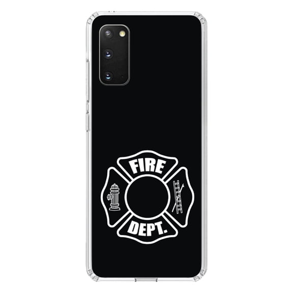 DistinctInk Clear Shockproof Hybrid Case for Galaxy S20 / S20 5G (6.2" Screen) - TPU Bumper, Acrylic Back, Tempered Glass Screen Protector - White Fire Department Maltese Cross - First Responders