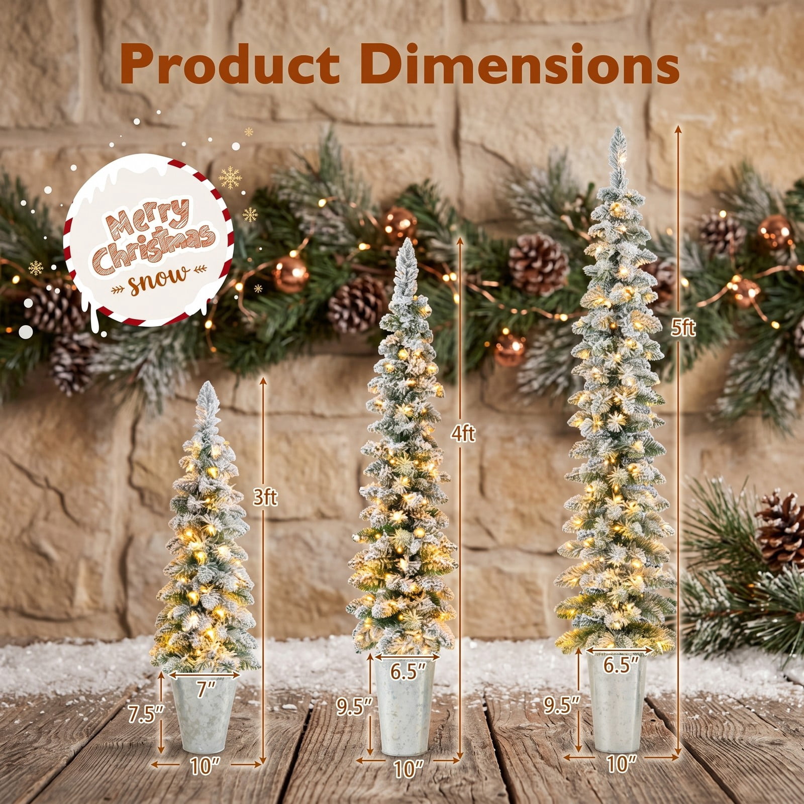RUIE Set of 3 Pre-Lit Snow Flocked Artificial Christmas Trees, 423 Branch Tips, 230 Warm White LED Lights, PVC Xmas Tree with Metal Stand for Home, Green White Silver