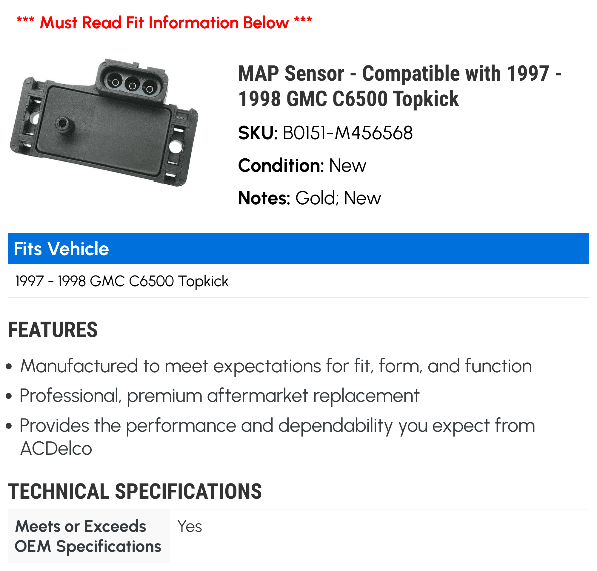MAP Sensor - Compatible with 1997 - 1998 GMC C6500 Topkick