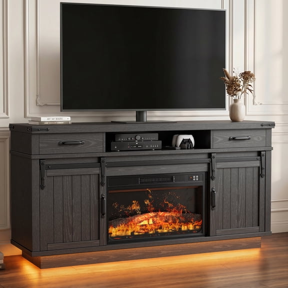 HiJob Electric Fireplace TV Stand for 75″ TVs with 23″Fireplace, Holds up to 260 lbs, Modern LED Fireplace Entertainment Center TV Console with Storage Cabinet for Living Room, Black