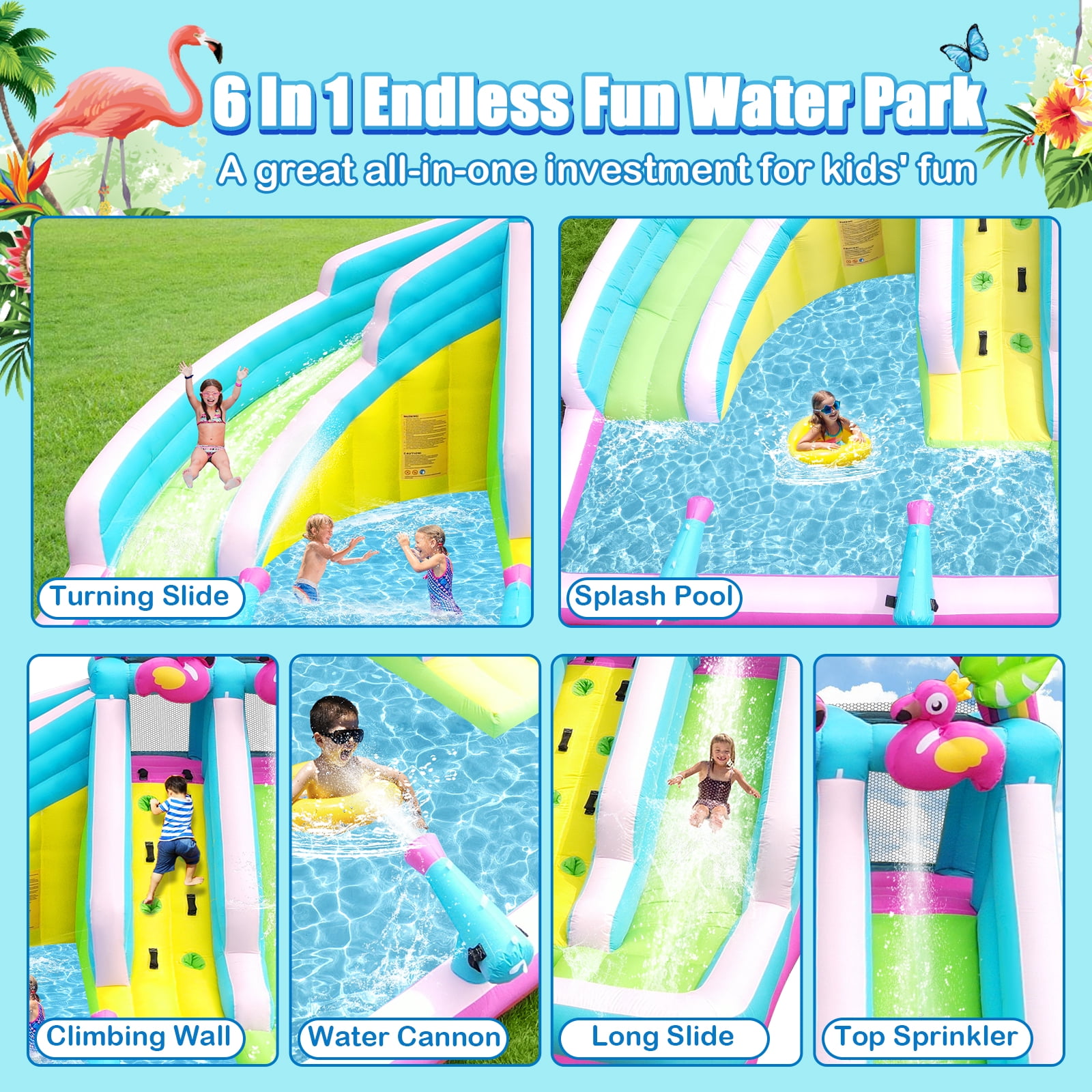 HEMOPOW 6-in-1 Inflatable Flamingo Water Park: Double Slides, Bounce & Splash Pool for Indoor/Outdoor Kids Ages 3-10