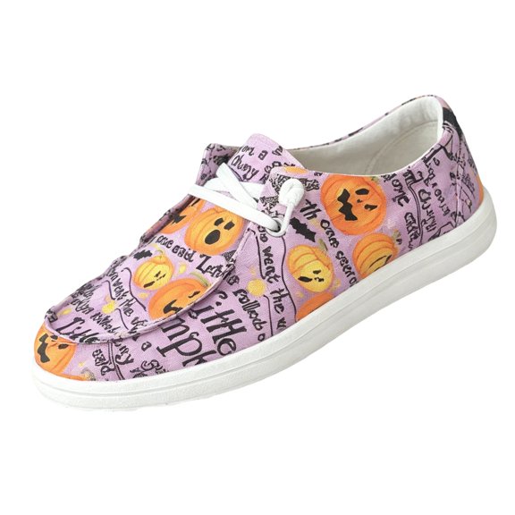 QWKLEAJ Women's Halloween Canvas Sneakers, Skull Pumpkin Print Low Top Slip On Flats, Breathable Casual Comfortable Walking Loafer Shoes for Holiday Daily Wear Light Purple 6