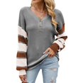 thumbnail image 1 of Top de manga larga para mujer, cuello en V, manga abombada, jersey de retales a rayas, blusa con botones, traje de otoño e invierno, gris M, 1 of 6