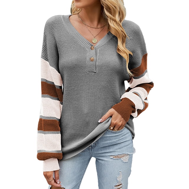Top de manga larga para mujer, cuello en V, manga abombada, jersey de retales a rayas, blusa con botones, traje de otoño e invierno, gris M
