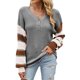 thumbnail image 1 of Top de manga larga para mujer, cuello en V, manga abombada, jersey de retales a rayas, blusa con botones, traje de otoño e invierno, gris L, 1 of 6