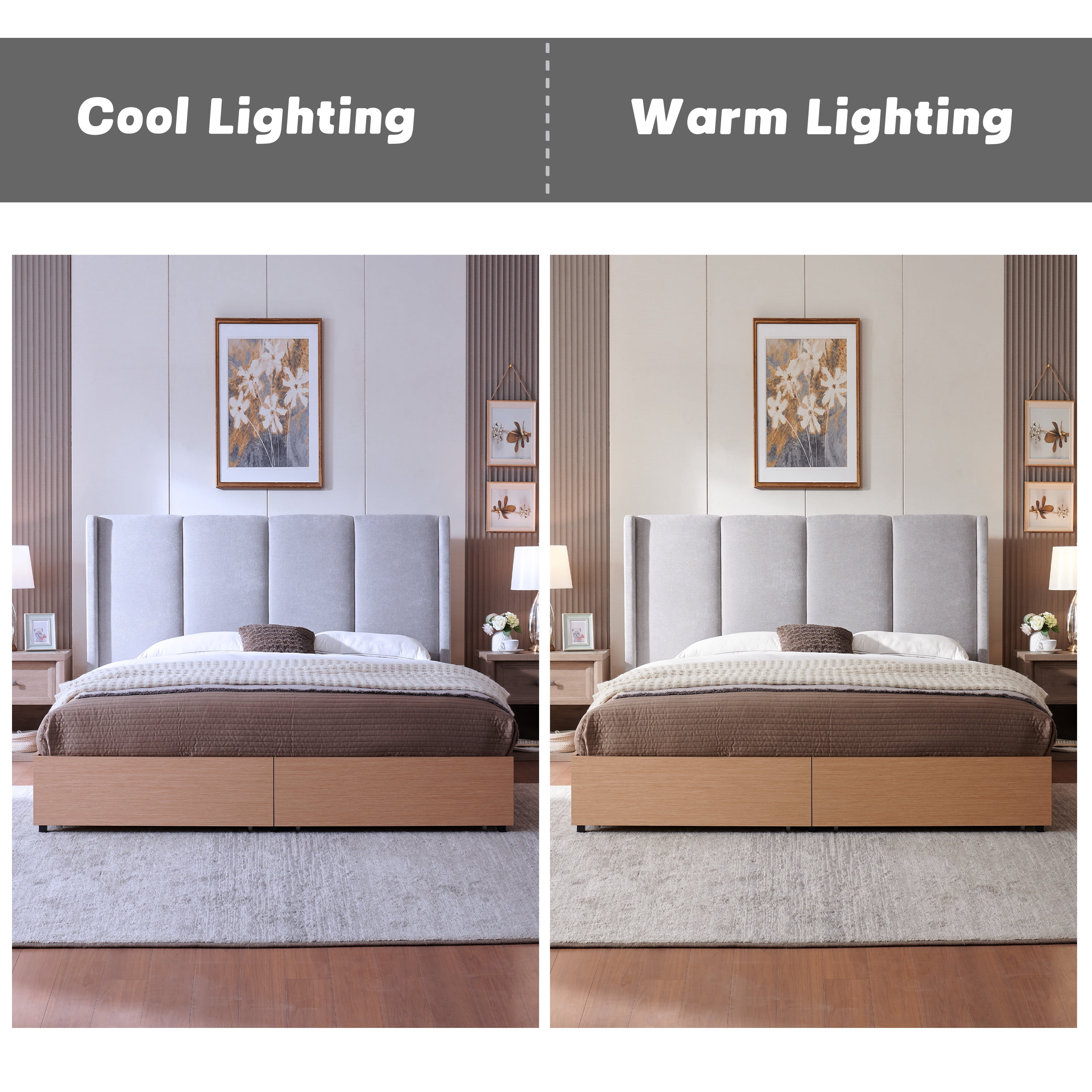 King Size Bed Frame and Upholstered Headboard, Solid Wood Platform Bed with Storage Drawers, Durable Wooden Slats, Solid and Stable, Noiseless, No Box Spring Needed, Easy Assembly, Light Gray