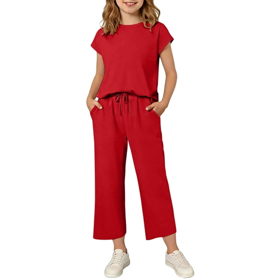 BLVB Girls Summer Fall Outfits Casual Lounge Set Short Sleeve T Shirt and Drawstring Wide Leg Pants 2 Piece Clothing Sets with Pockets(Red,13-14 Years)