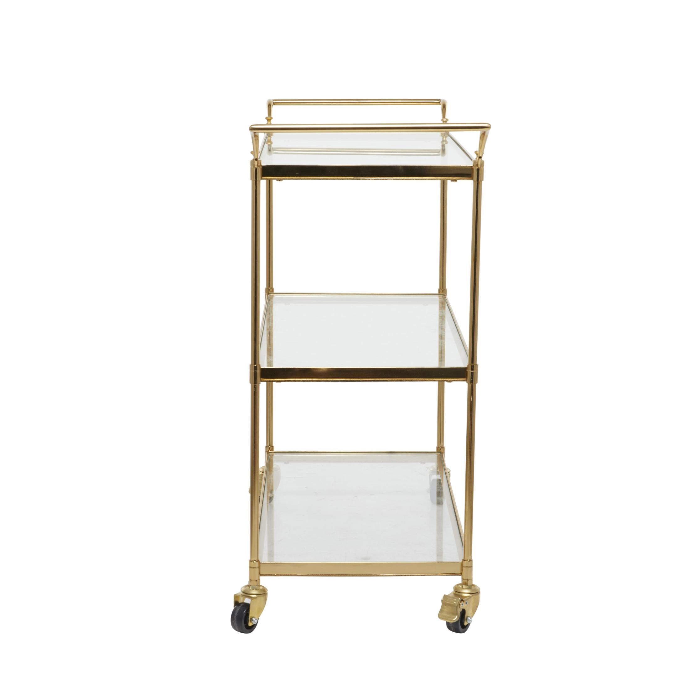 DecMode Traditional 3 Tier Gold Metal Bar Cart with Transparent Glass Shelves, 38"W x 31"H