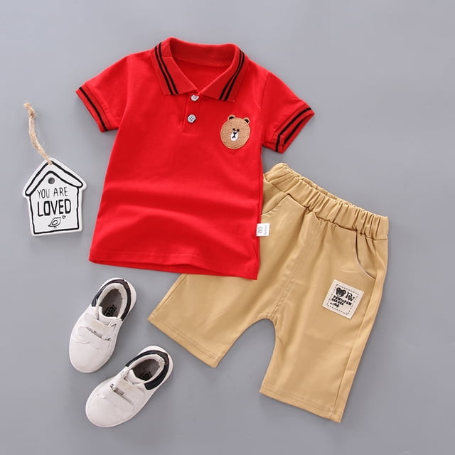 Oso bordado Ropa para niños Pantalones cortos de verano de manga corta Rojo